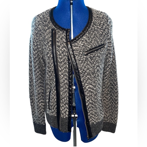 Cynthia Rowley gray and black cardigan sweater with leather trim, size medium - Picture 4 of 5
